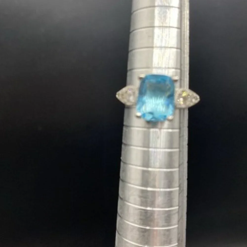 Emerald Cut Lab Blue Topaz Ring CZ Accents Size 5.75 3.4 grams Silver Plated - Picture 7 of 8